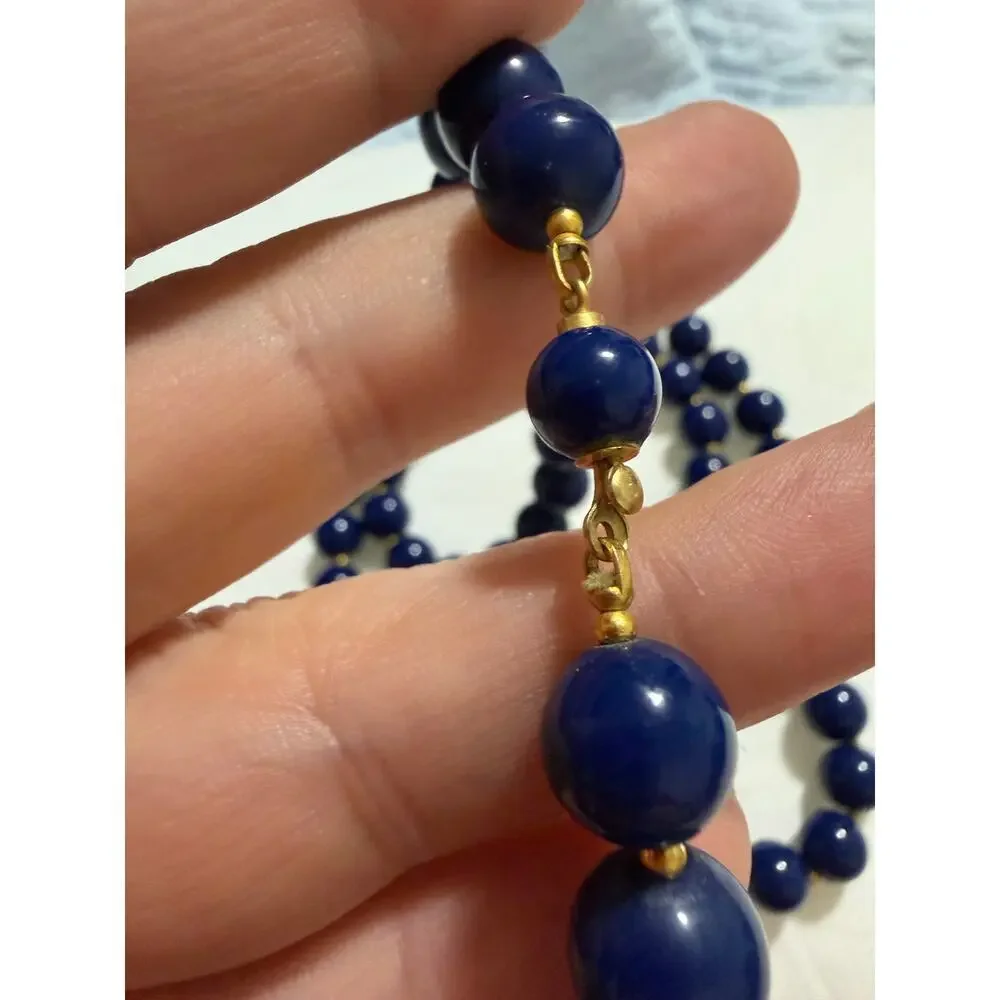 Vintage Navy Blue Beaded Necklace 28 Inch Strand Gold Tone Clasp Classic
